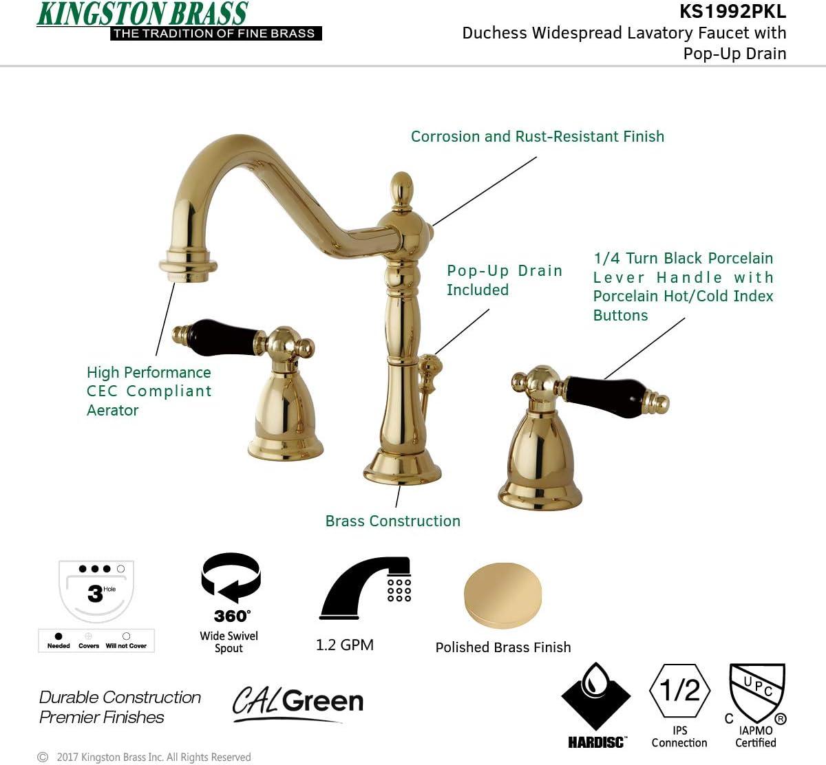 Kingston Brass Kingston Brass Duchess Two-Handle 3-Hole Deck Mount Widespread Bathroom Faucet with Brass Pop-Up Drain KS1992PKL