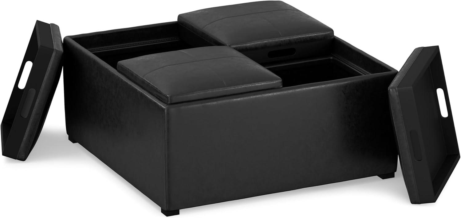 Simpli Home Avalon 35"W Upholstered Square Coffee Table Storage Ottoman with Flip-Over Trays