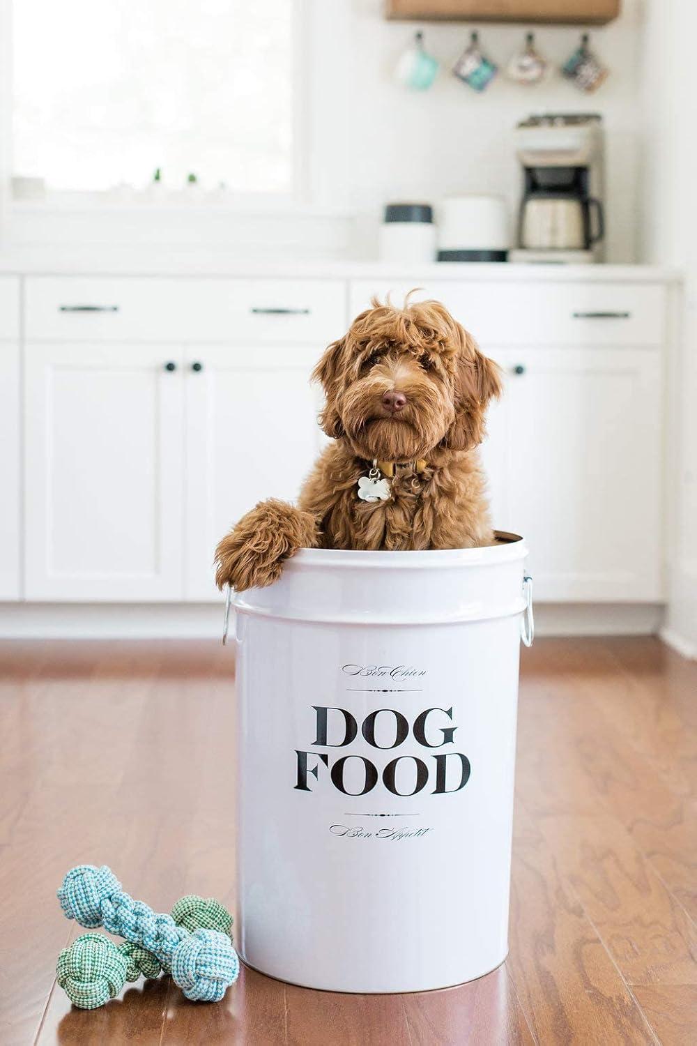 White and Black Airtight Metal Dog Food Storage Canister