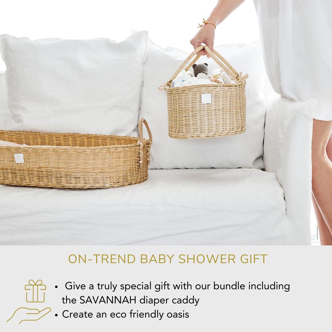 Premium Baby Changing Basket - Artisan-Crafted Rattan with Extra High Sides - Wicker Changing Basket for Baby Dresser - All Accessories Included - Complete Set for Nursery (Rattan)