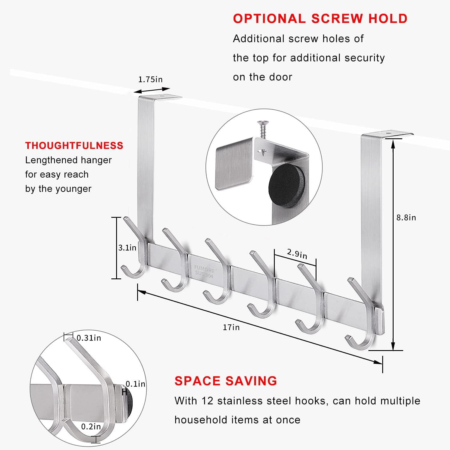 Brushed Stainless Steel Over Door Hook Rack with 12 Hooks