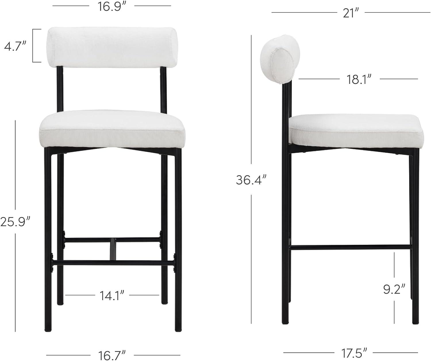 Cream Boucle Upholstered Counter Height Barstool with Black Metal Legs, Set of 2