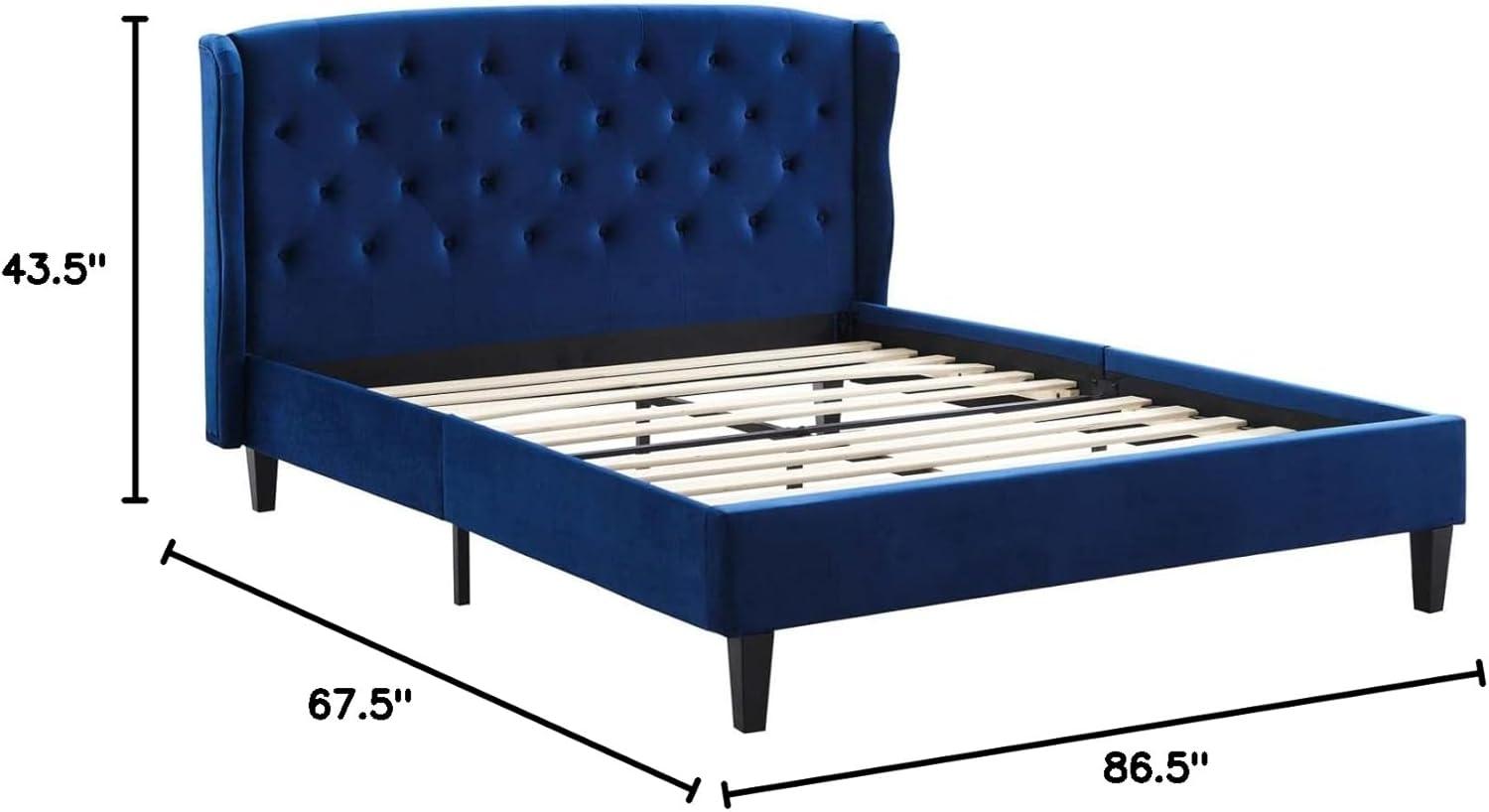 Navy Velvet Tufted Upholstered Queen Bed with Wood Frame