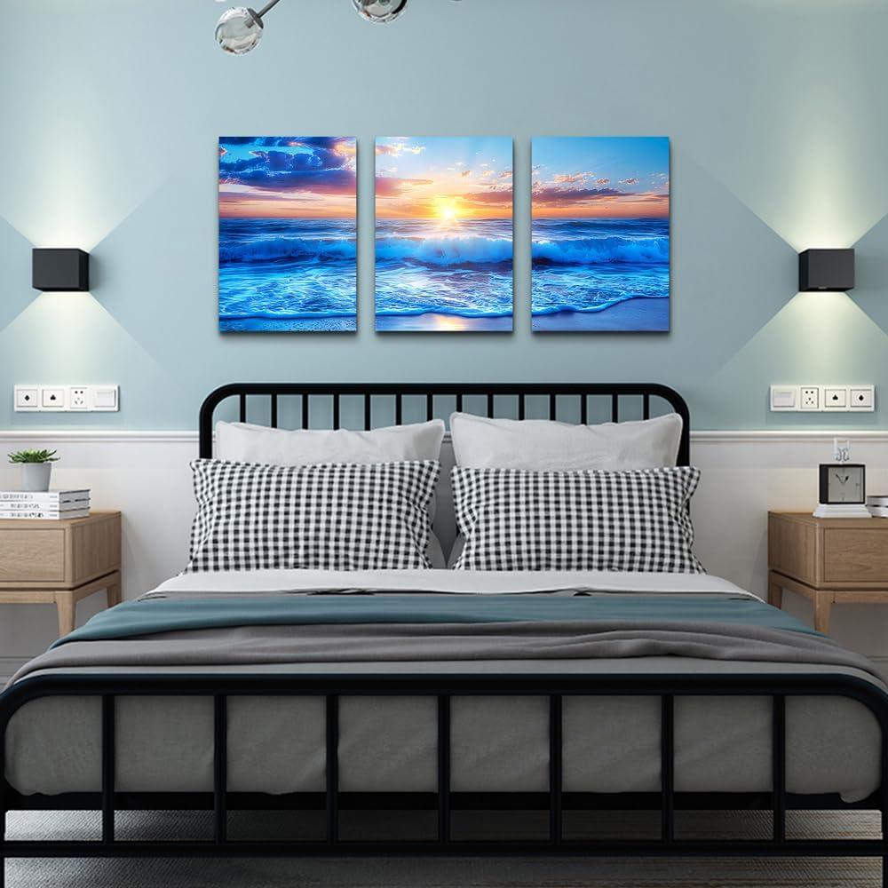 Sunrise Ocean Waves Canvas Wall Art For Living Room Bedroom Wall Decor Office Wall Pictures Blue Sea View Wall Paintings Beach Canvas Prints Artwork Modern Bathroom Home Decor Art 12" X 16" 3 Pieces