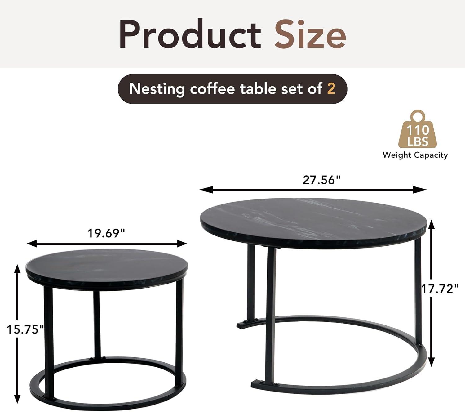 Yesfashion Nesting Coffee Table Set Of 2, 27.6" Round Coffee Table Wood Top With Sturdy Metal Frame, End Table Side Tables For Living Room Bedroom Balcony Yard