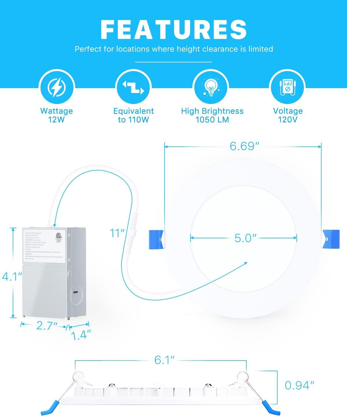 Ensenior 12 Pack 6 Inch Ultra-Thin LED Recessed Ceiling Light with Junction Box, 5000K Daylight, 12W 110W Eqv, Dimmable Can-Killer Downlight, 1050LM High Brightness - ETL and Energy Star Certified