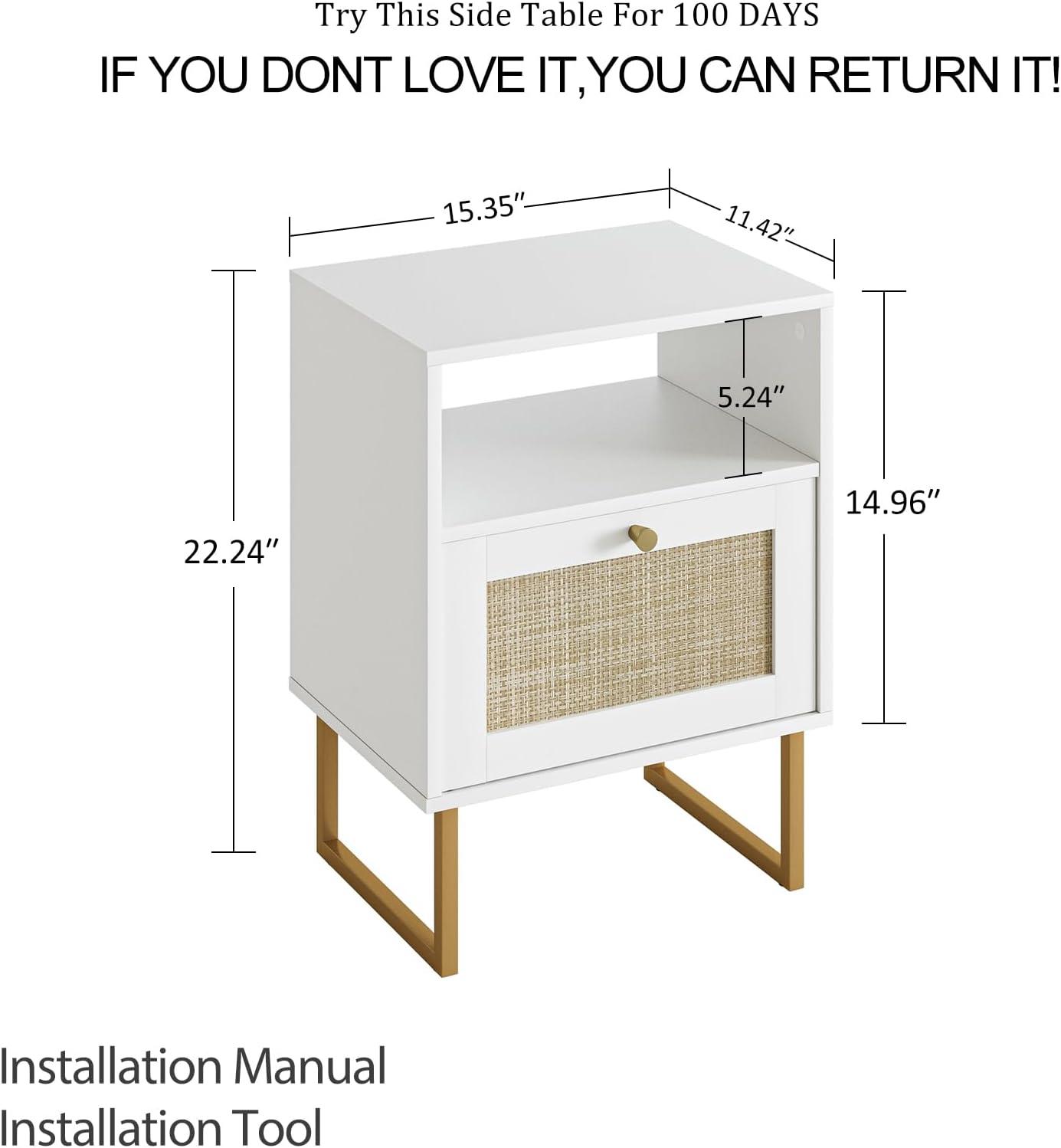 White and Gold Modern Rattan Nightstand with Drawer