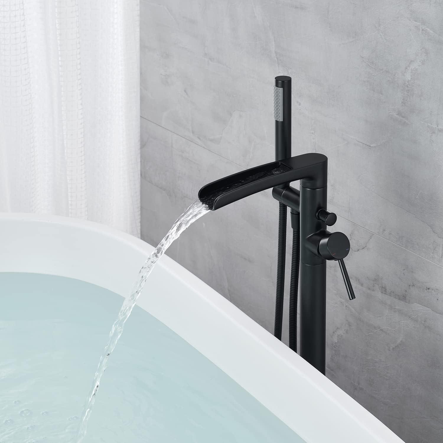 MOGFCT Waterfall Freestanding Bathtub Faucet Set Single Handle Floor Mount Tub Filler with Hand Shower ,Matte Black