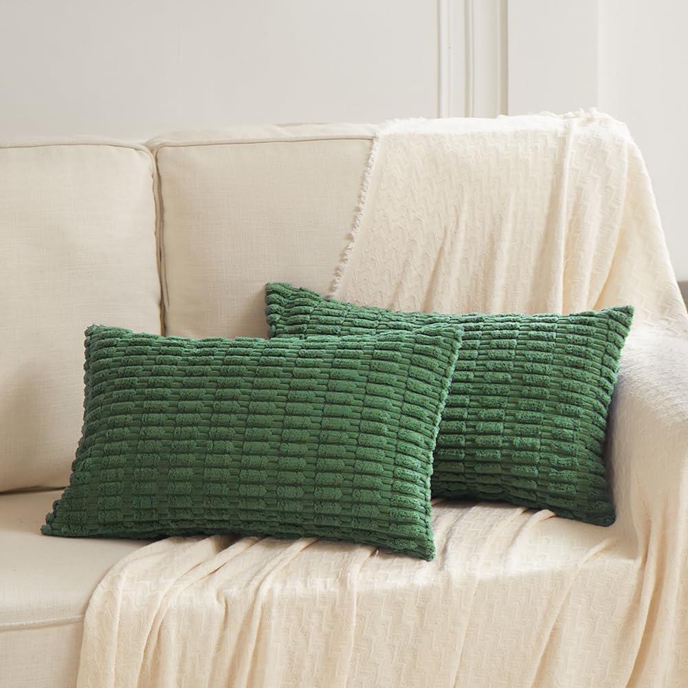 Boho Sage Green Striped Corduroy Pillow Covers - Set of 2 | Farmhouse Rectangle Cushion Cases for Sofa Couch Bed | Soft Decorative Throw Pillowcases - 12x20 Inch Home Decor