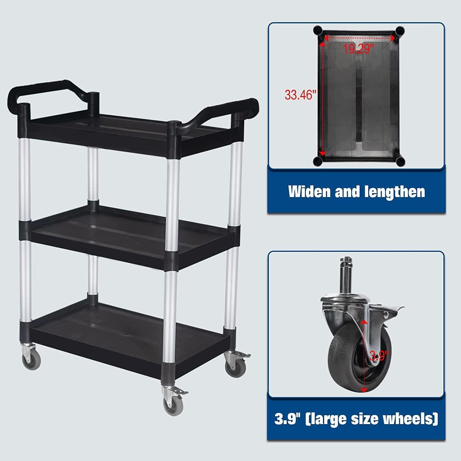 Large Black Plastic and Aluminum 3-Tier Utility Cart with Swivel Wheels