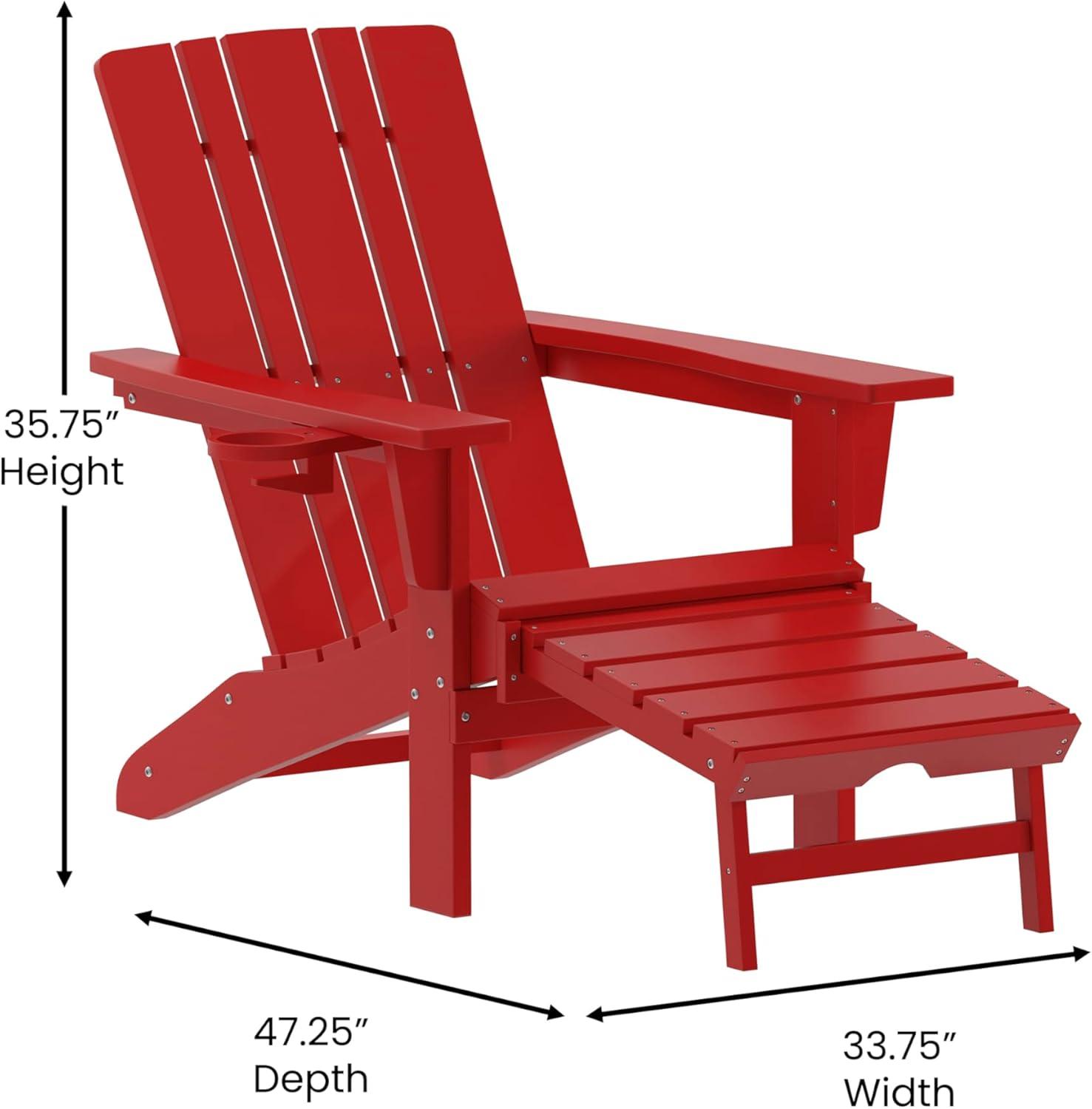 Flash Furniture Halifax HDPE Adirondack Chair with Cup Holder and Pull Out Ottoman, All-Weather HDPE Indoor/Outdoor Lounge Chair in Red