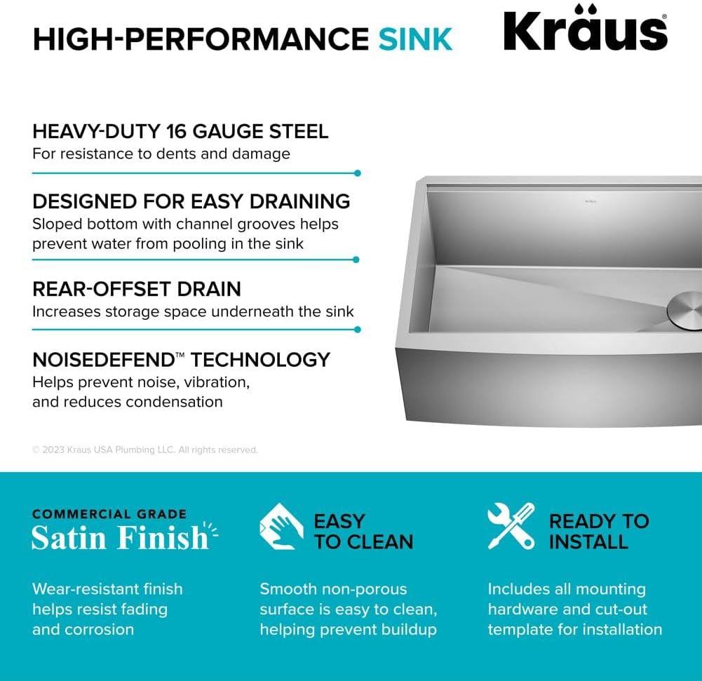 KRAUS Kore Workstation 30-inch L Farmhouse Flat Apron Front 16 Gauge Single Bowl Stainless Steel Kitchen Sink