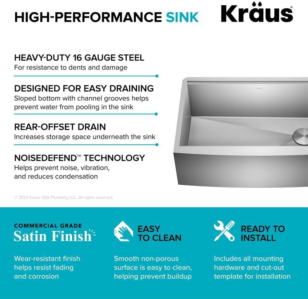 KRAUS Kore™ Workstation 30-inch L 16 Gauge Stainless Steel Single Bowl Farmhouse Kitchen Sink with Accessories