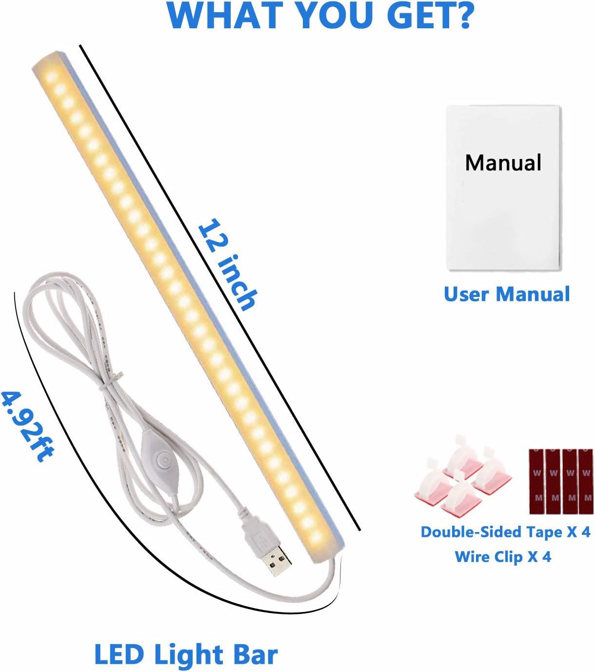 JUSJUBR Under Cabinet Lighting, 12Inch LED Sink Light with Memory Function, Warm White 3000K Dimmable USB Under Desk Light, Slim LED Light Bar for Room (Without Plug)