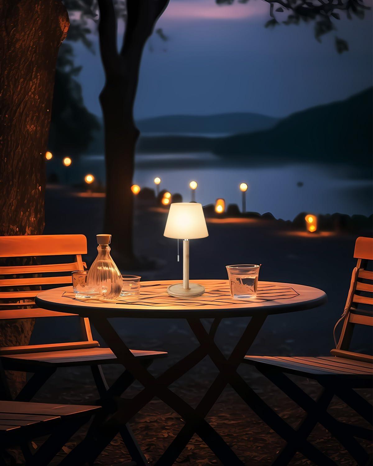 Outdoor Waterproof Table Lamp for Patio, Small Cordless Battery-Operated Lamp, Rechargeable Shower Light, 3 Lighting Modes Desk Light with Pull Chain Garden Outside Camping Restaurant, Wood Grain