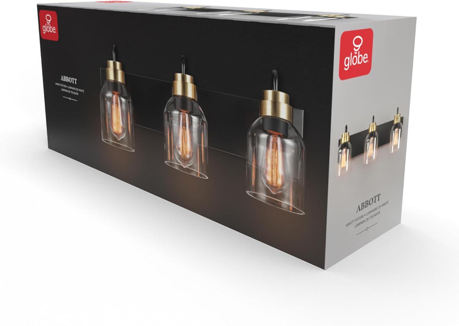 22 in. 3-Light Matte Black Vanity Light with Matte Brass Accents and Glass Shades