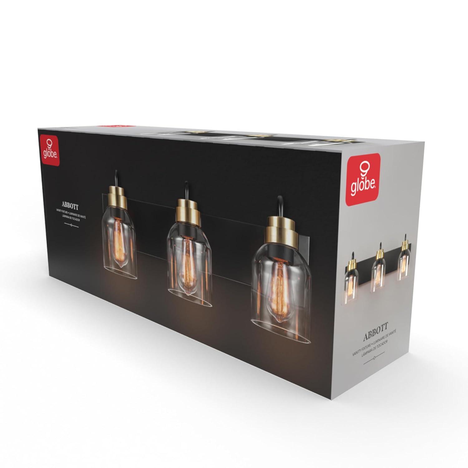 22 in. 3-Light Matte Black Vanity Light with Matte Brass Accents and Glass Shades