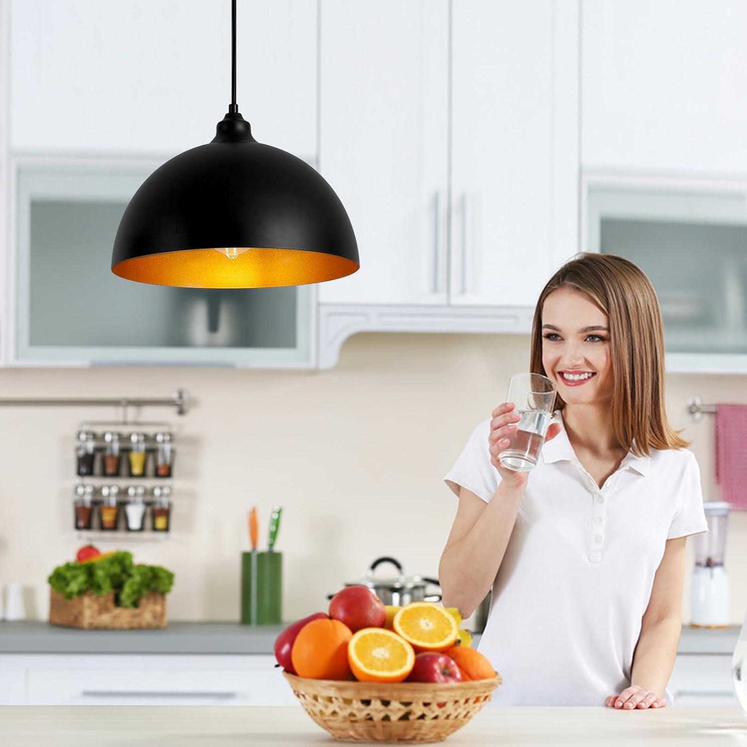 2-Pack Black Pendant Lights, 11.81'' Modern Pendant Lights Kitchen Island, Dome Large Pendant Light for Dining Room Foyer Bedroom Entryway Hallway Light Fixtures