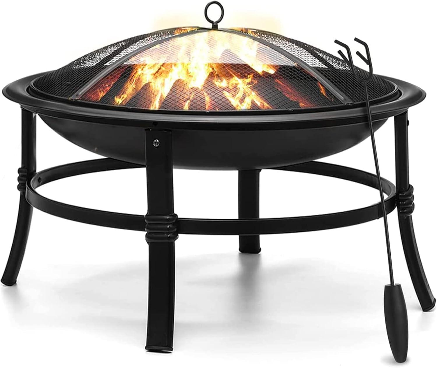 KingSo 26 inch Fire Pit for Outdoor Round Wood Burning Fire Pit Bowl for Camping Picnic Bonfire Patio Outside Backyard Garden Small Bonfire Pit Steel Firepit Bowl with Mesh Screen and Fire Poker