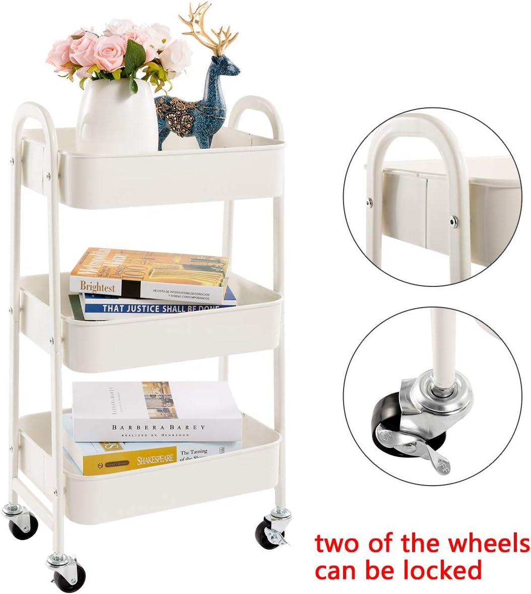 ZUNMOS 3 Tier Utility Rolling Cart, Metal Mobile Storage Cart with Lockable Caster Wheels, Storage Shelves Organizer Cart for Livingroom, Bathroom, Kitchen, & Narrow Places, White