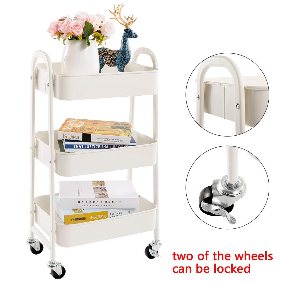ZUNMOS 3 Tier Utility Rolling Cart, Metal Mobile Storage Cart with Lockable Caster Wheels, Storage Shelves Organizer Cart for Livingroom, Bathroom, Kitchen, & Narrow Places, White
