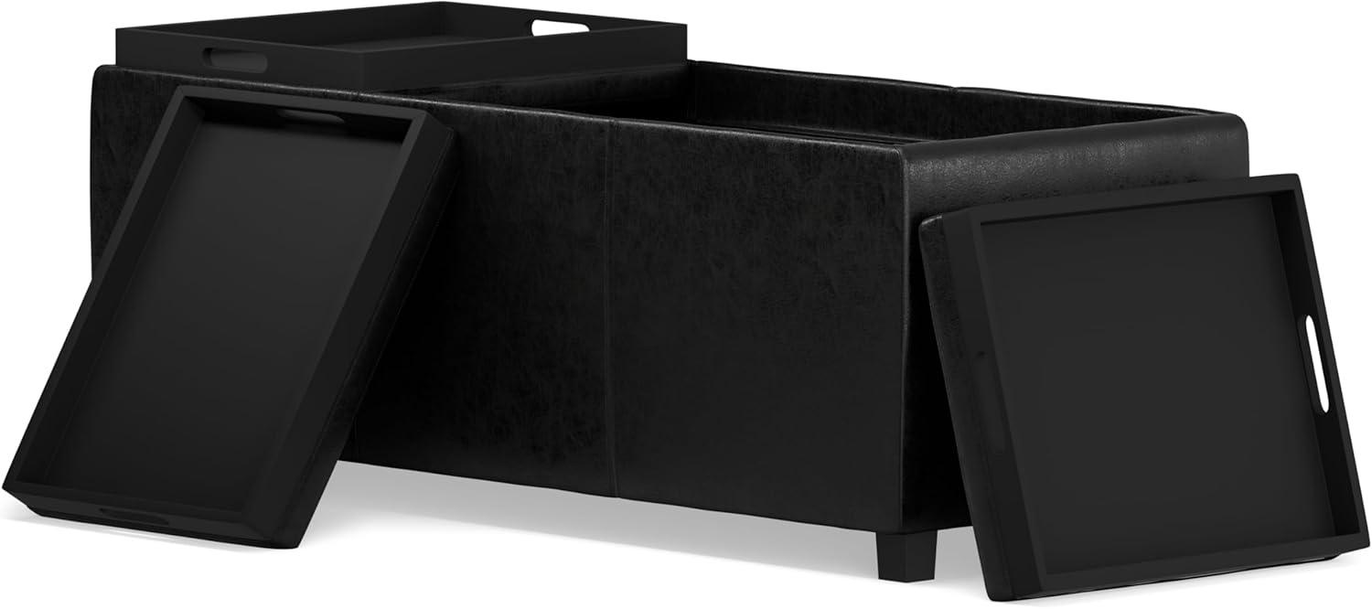 Simpli Home Avalon 42"W Upholstered Storage Ottoman with 3 Flip-Over Serving Trays