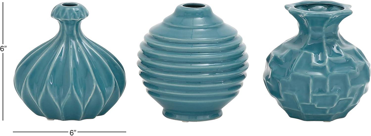 Polished Blue Ceramic Bud Vase Trio, Modern Indoor Decor