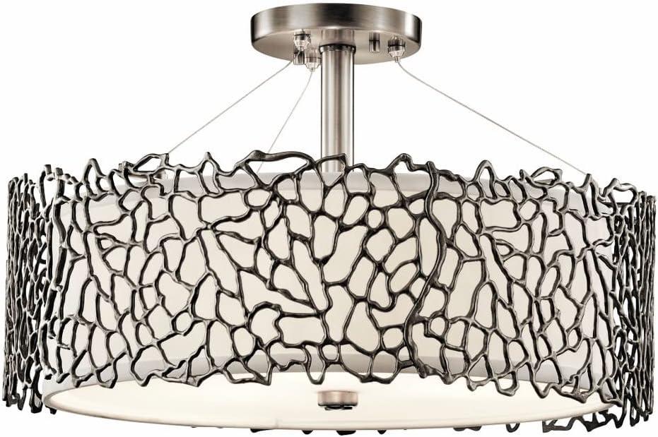 Silver Coral 11" 3 Light Convertible Pendant with Etched Diffuser and White Fabric Shade in Classic Pewter