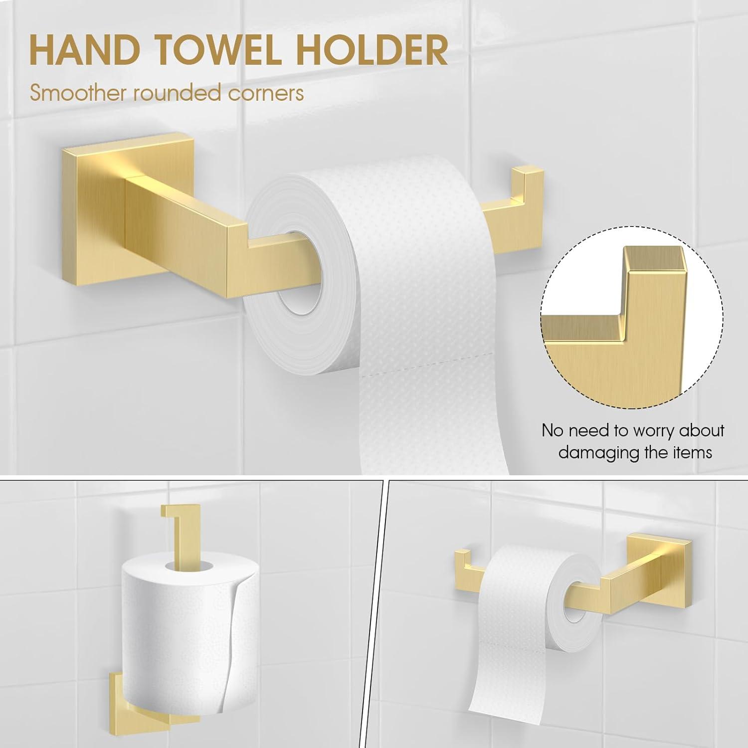 5 Pieces Brushed Gold Bathroom Hardware Accessories Set,Stainless Steel Square 23.6 "+16" Double Hand Towel Bar Set Gold,Towel Rack Set Gold Wall Mounted