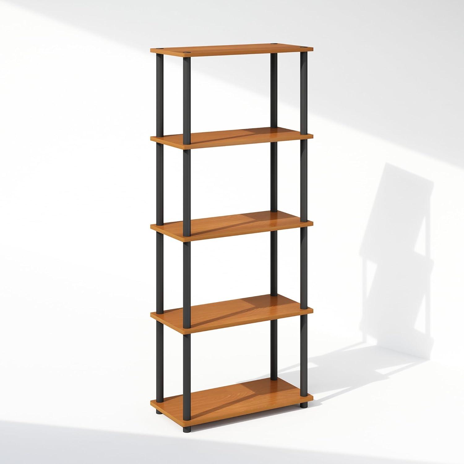 Furinno 5-Tier Tall Decorative Bookshelf Storage Bookcase Open Multipurpose Shelves Display Rack for Living Room&Home Office,Light Cherry/Black