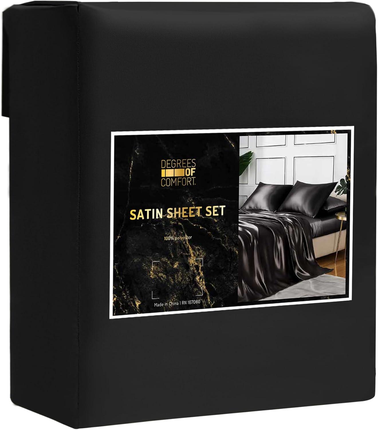 Degrees of Comfort Black Satin Sheet Set for Queen Size Bed – 6 Piece Silky and Soft Sheets with 14 Inches Deep Pocket
