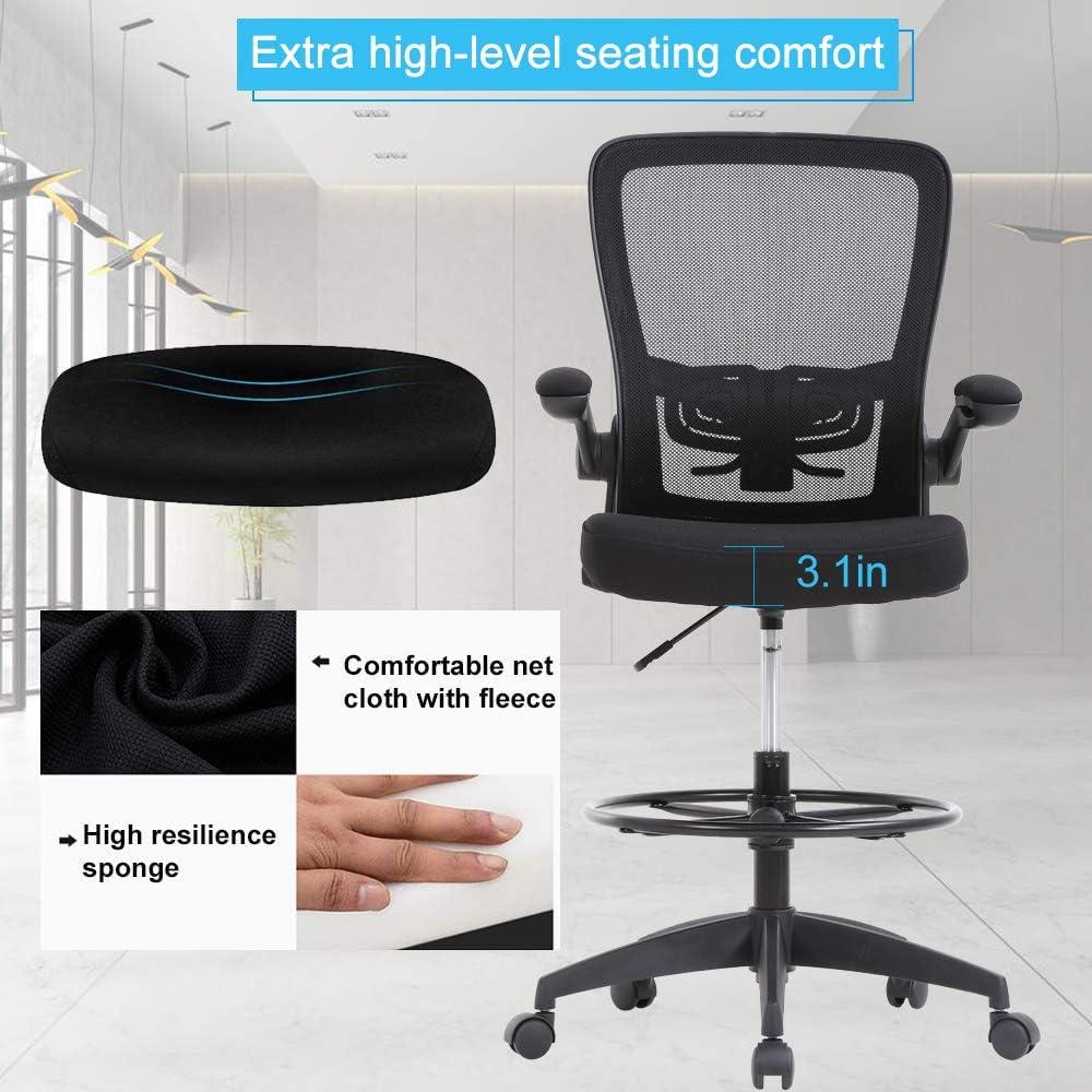 Drafting Chair Tall Office Chair Adjustable Height with Lumbar Support Flip Up Arms Footrest Mid Back Task Mesh Desk Chair Computer Chair Drafting Stool for Standing Desk, Black