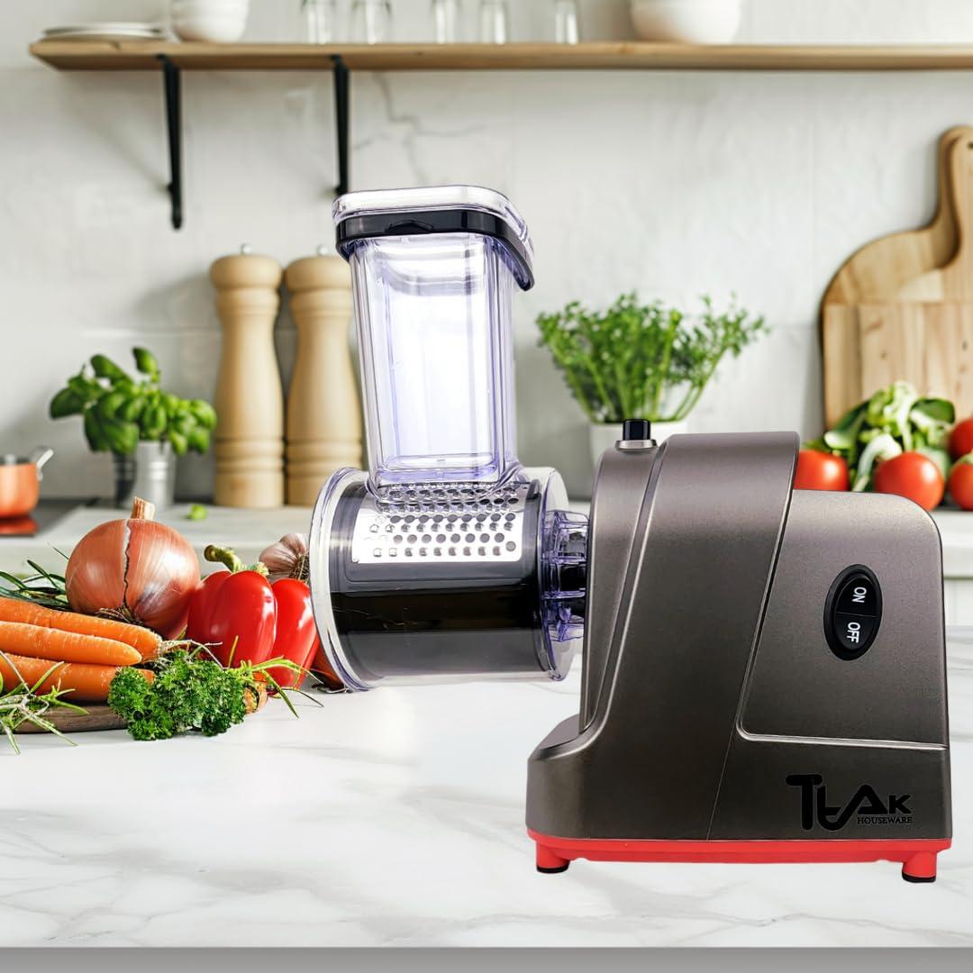 Ttak HOUSEWARE Electric Cheese Grater, 250W Professional Electric Slicer Shredder, One-Touch Control Electric Salad Machine Fruits, Vegetables, Cheeses, Salad Maker 5 Attachments Food Processor