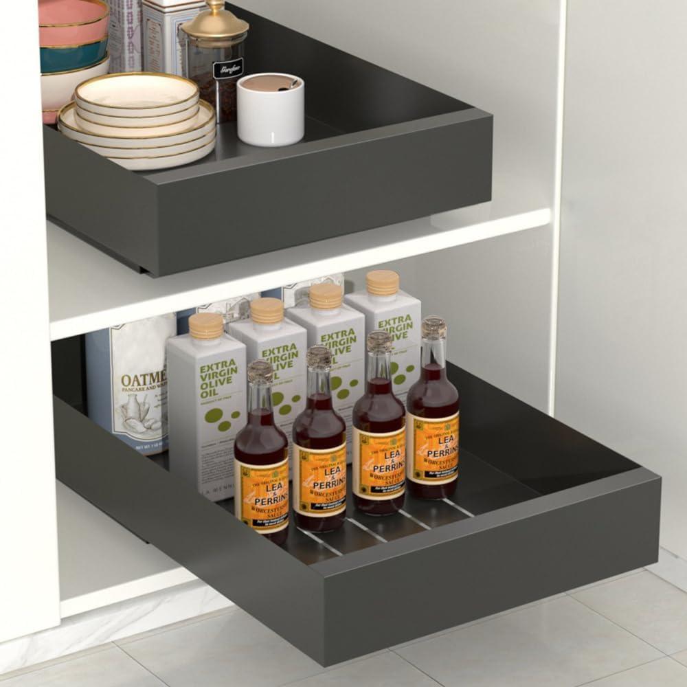 Pull Out Cabinet Organizer, Carbon Steel Cabinet Drawers Slide Out, Pantry Storage Shelves with Nano Adhesive Strip for Kitchen, Bathroom and Living Room 10.3" W X 17.0" D X 2.8H Grey