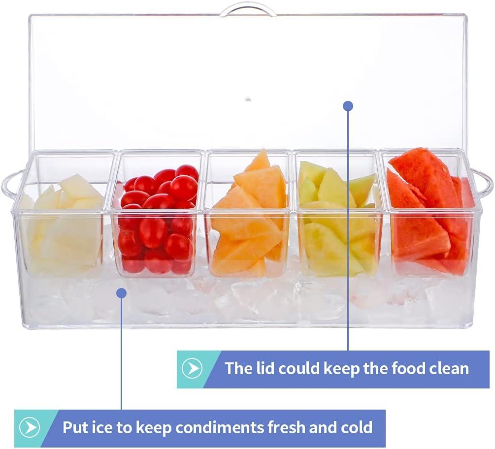 MOLIGOU Chilled Condiment Server with Lid, Chilled Condiment Tray with 5 Removable Compartments, Ice Condiment Serving Containers