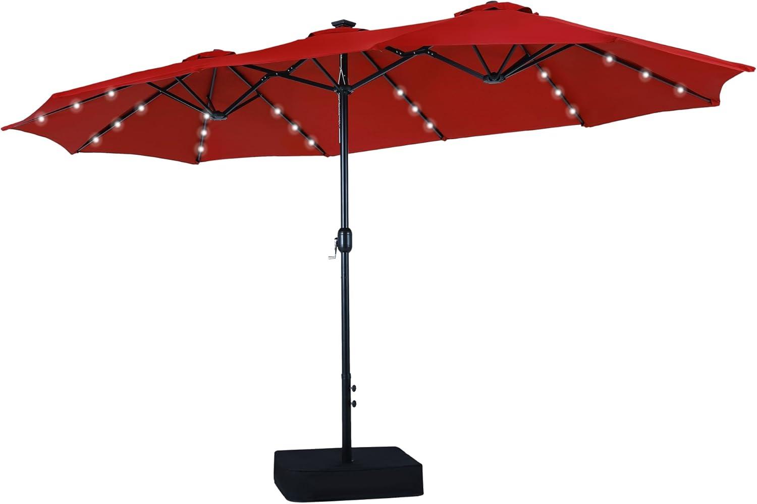 Summit Living 15ft Double-Sided Solar Patio Umbrella with Base Large Outdoor Table Umbrella with LED Solar lights Red