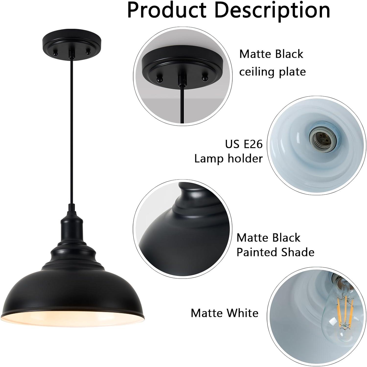 KAYYELAMP 3-Pack Black Metal Shade Hanging Light E26 Black Base Adjustable Height Droplight Retro Design Pendant Light for Kitchen Island Sink Home