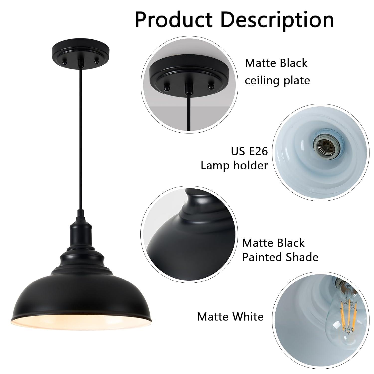 KAYYELAMP 3-Pack Black Metal Shade Hanging Light E26 Black Base Adjustable Height Droplight Retro Design Pendant Light for Kitchen Island Sink Home