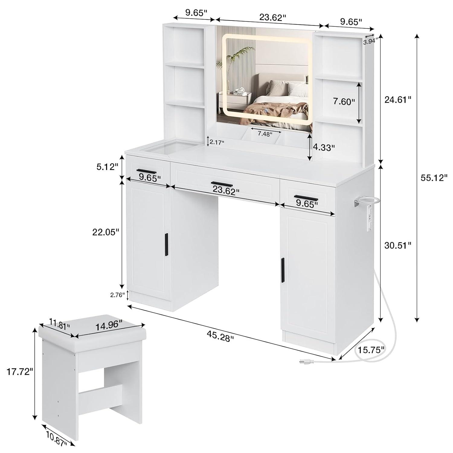 Hommpa Vanity Set with Mirror, Girls Makeup Vanity with  LED Lights, White Vanity Desk with Drawers, Vanity Table with Charging Station for Women Bedroom Storage