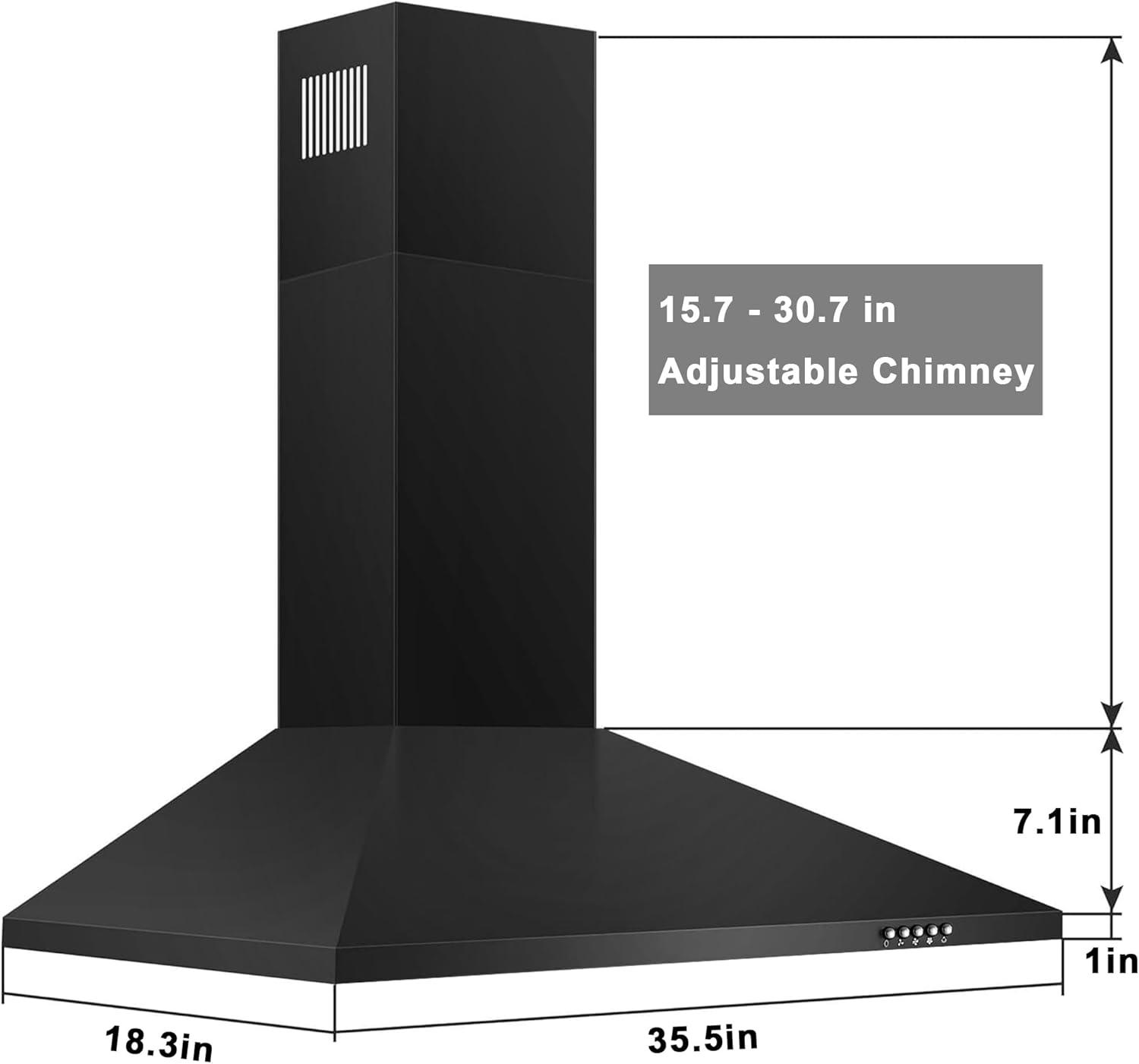 36 Inch Black Range Hood, 450 CFM Stainless Steel Wall Mount Kitchen Hood with Ducted Ductless Convertible, Button Control Over Stove Vent Hood with 3 Speed Noiseless Fan, LED Light (450CFM)
