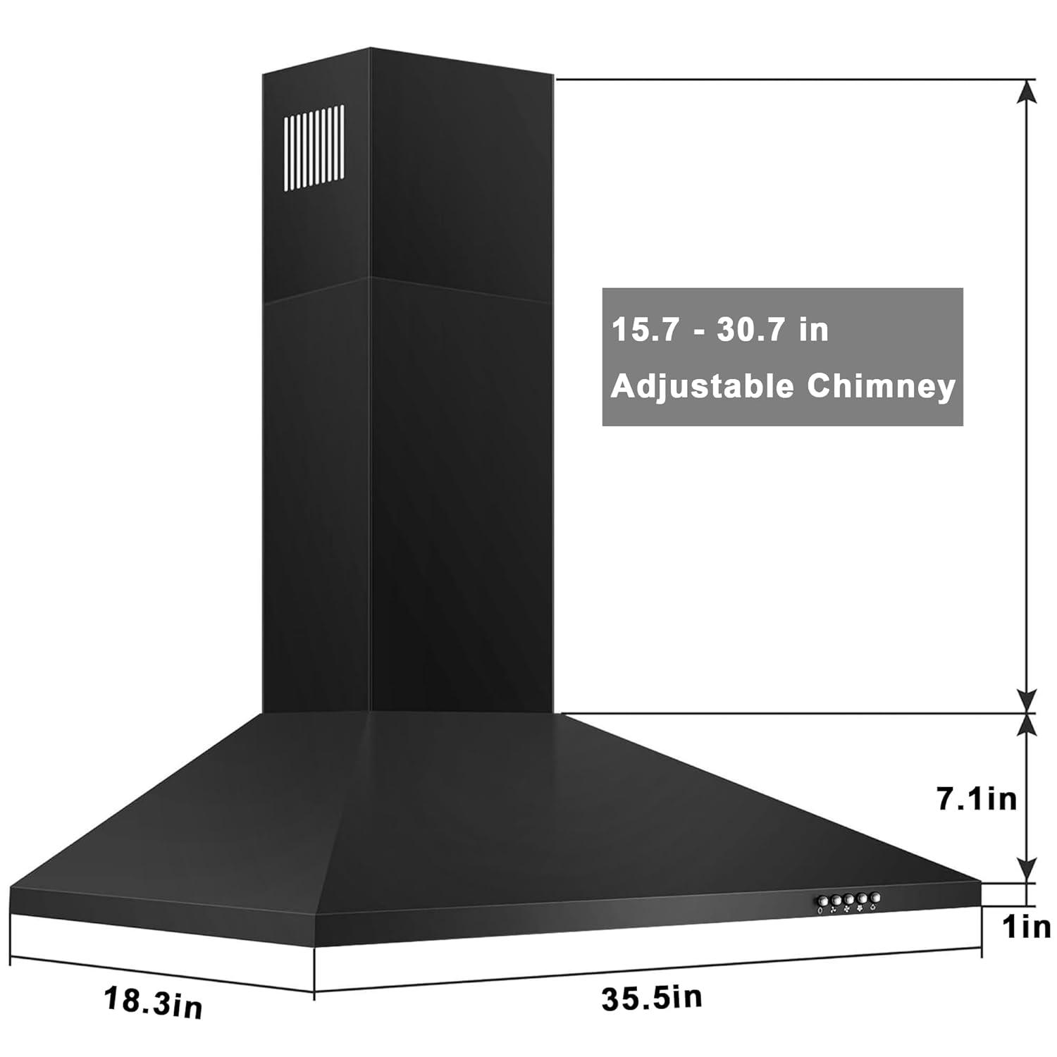 36 Inch Black Range Hood, 450 CFM Stainless Steel Wall Mount Kitchen Hood with Ducted Ductless Convertible, Button Control Over Stove Vent Hood with 3 Speed Noiseless Fan, LED Light (450CFM)