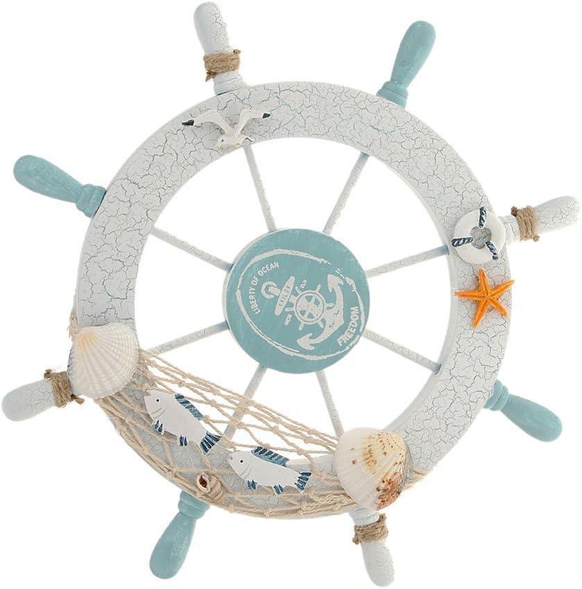 White and Blue Nautical Pine Wood Ship Wheel Decor