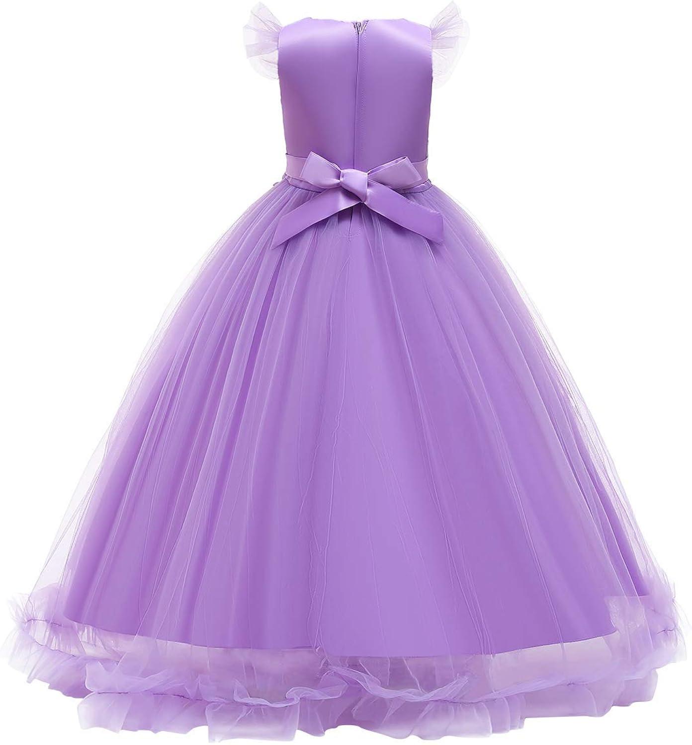 IBTOM CASTLE Flower Girl Princess Floral Boho Lace Embroidered Pageant Dresses for Kids Party Wedding Puffy Communion Maxi Gown 11-12 Years Purple