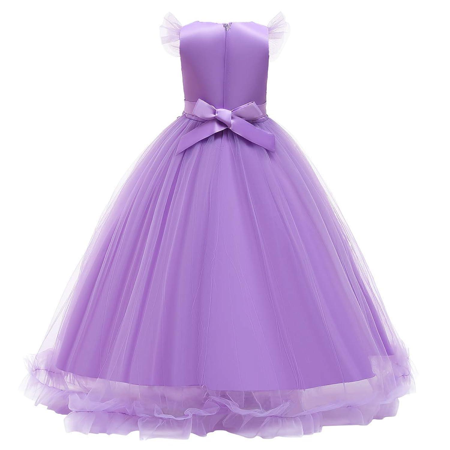 IBTOM CASTLE Vestidos de Desfile Bordados de Encaje Bohemio Floral de Princesa para Fiesta de Niños Boda Vestido Largo de Comunión Hinchado 11-12 Años Púrpura