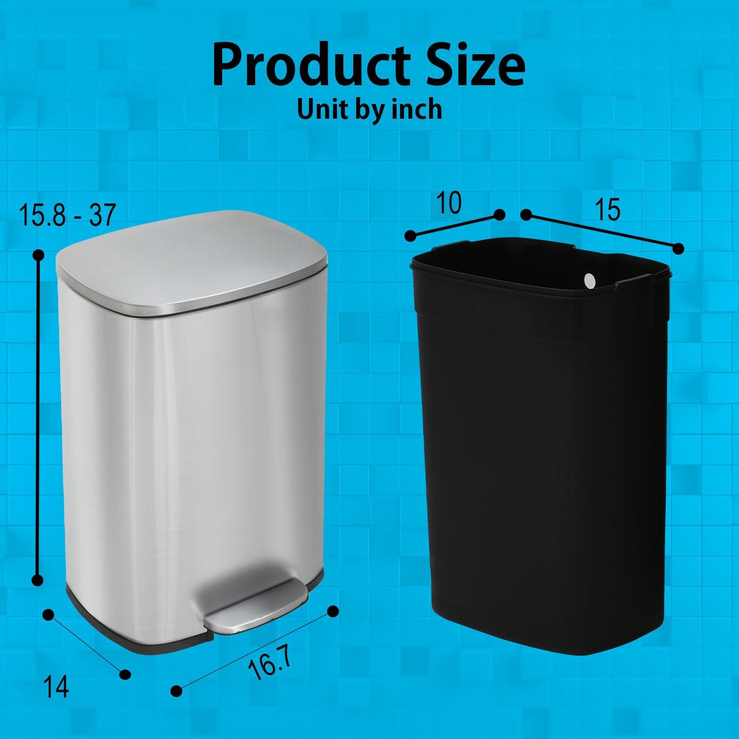 CL.HPAHKL 13 Gallon (50L)Trash Can ,Kitchen Trash Can, Stainless Steel with Lid, Foot Pedal and Inner Bucket, Fingerprint-Resistant Soft Close Lid Garbage Can, Pedal Rubbish Bin for Home Office