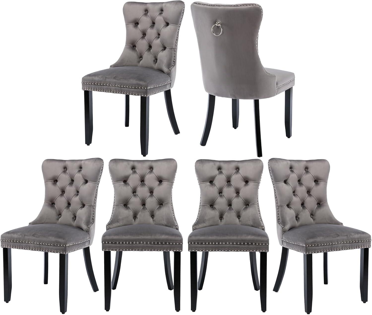 ODUSE-DAILY Grey Velvet Dining Chairs Set of 6, Kitchen & Dining Room Chairs, Sillas De Comedor, Nailheads Tufted, Fabric Upholstered, Solid Wood Frame (Gray, 6 Pcs)