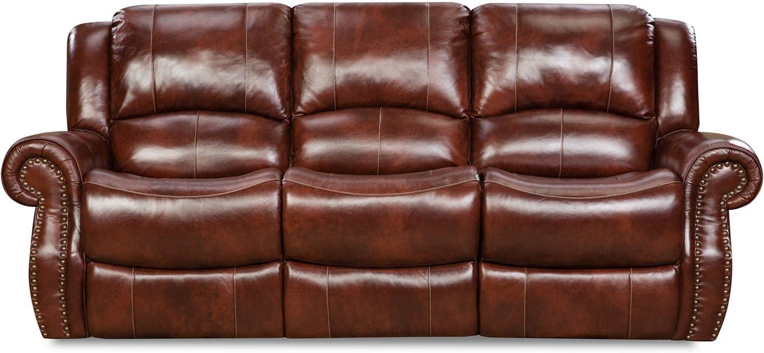 Brown Leather Double Reclining Sofa with Nailhead Trim