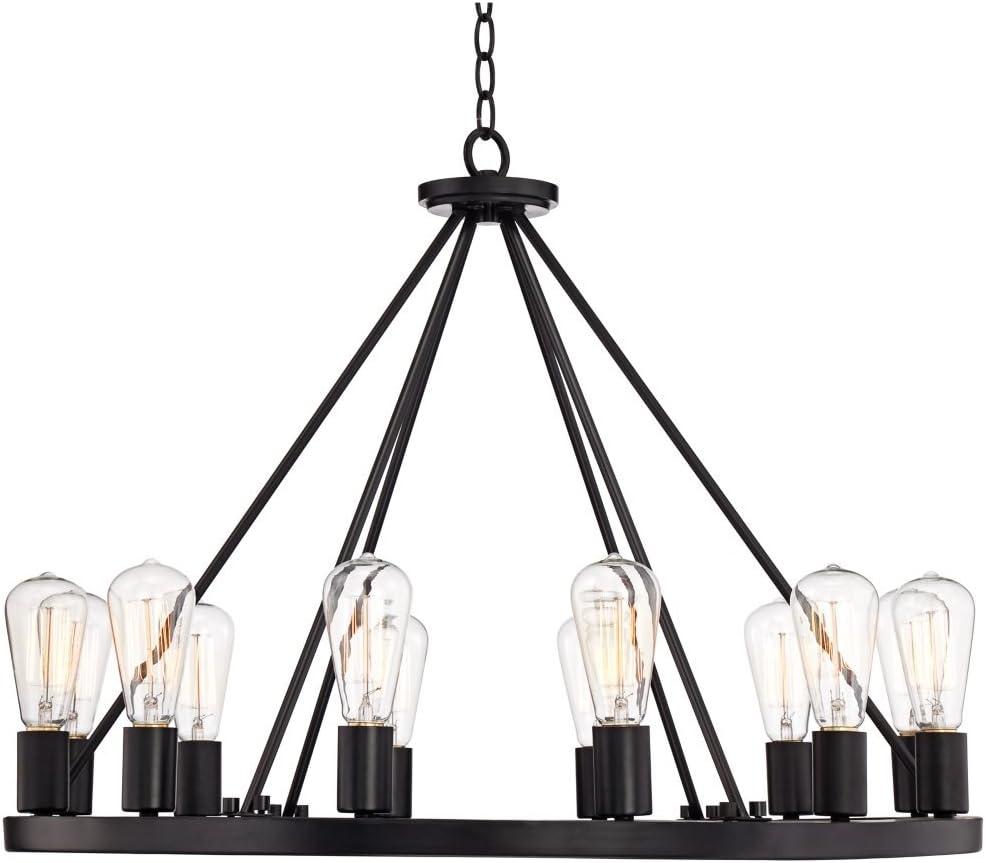 Franklin Iron Works Lacey Black Wagon Wheel Chandelier 28" Wide Industrial 12-Light LED Fixture for Dining Room House Foyer Kitchen Island Entryway