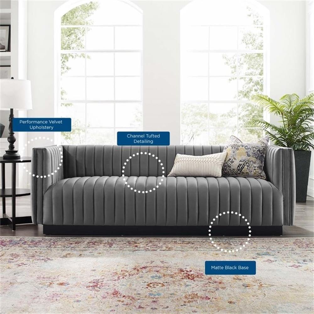 Gray Tufted Velvet Tuxedo Arm Sofa with Wood Base