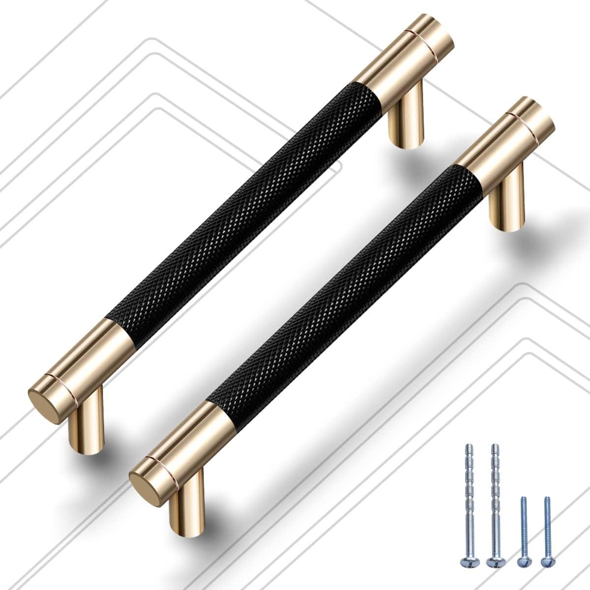 2 Pack 5 Inch 128 mm Knurled Cabinet Handles Cabinet Pulls Aluminum Handles Knurled Drawer Pulls Gold and Black Oxidation Finish with Diamond Pattern 6" Length (5" Hole Center)